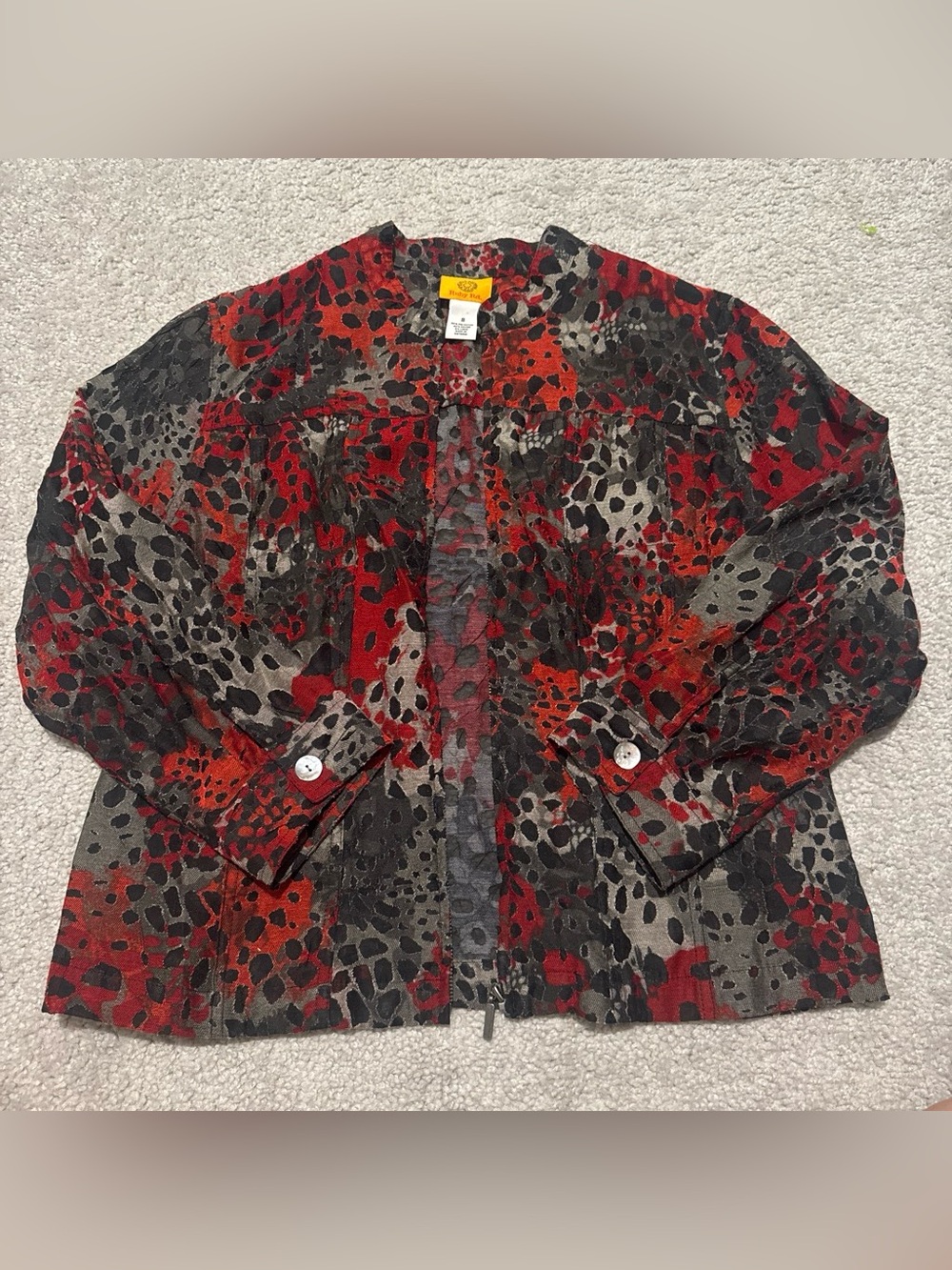 Ruby Rd. Red Black Gray Printed Button-Front Jean Jacket
